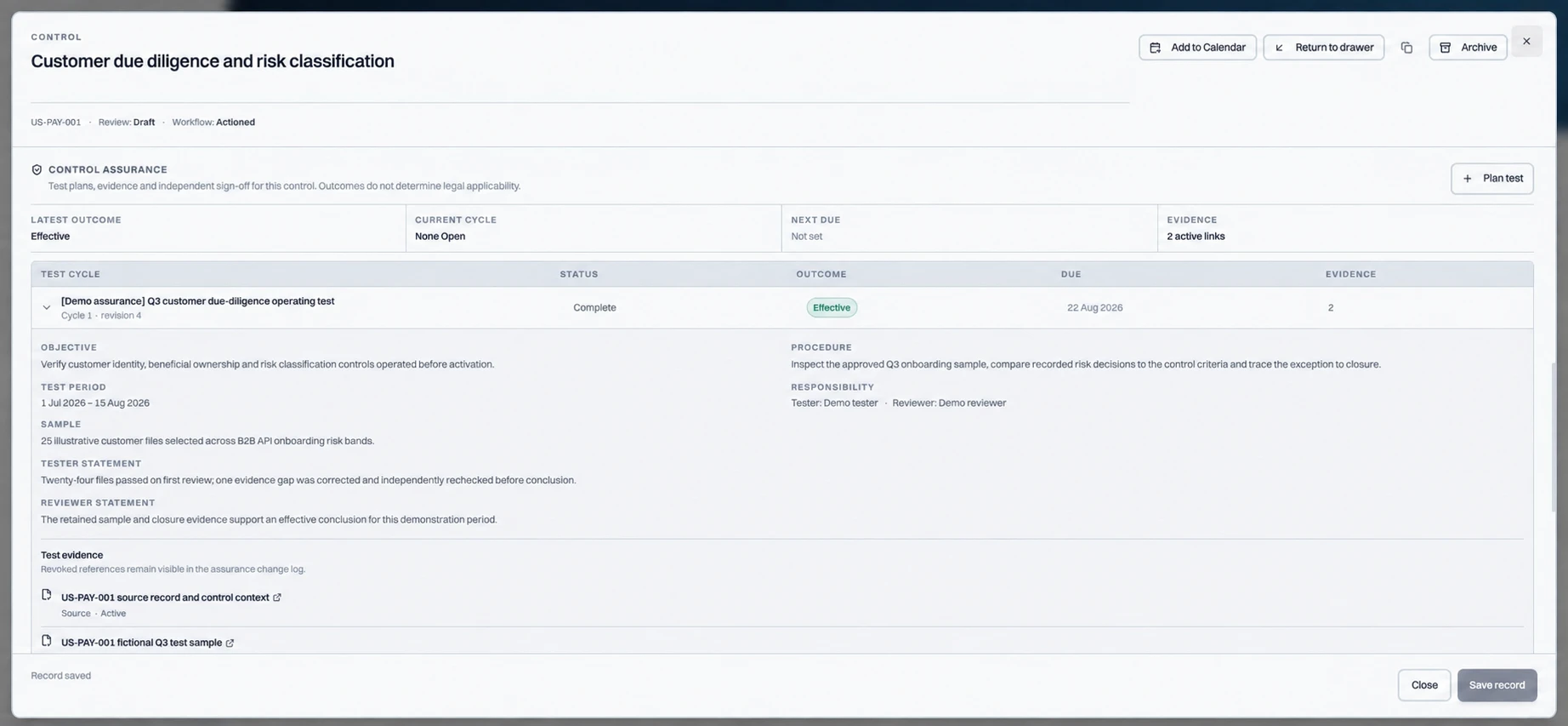 Atlas demo control-assurance record showing a test cycle, evidence and review status
