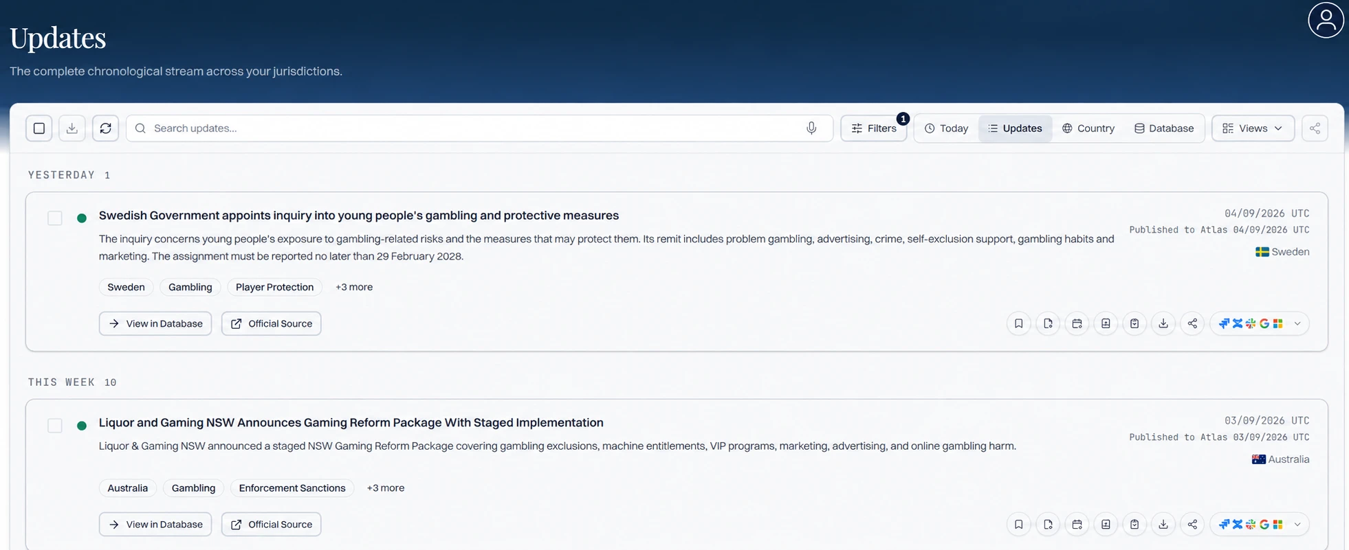 Atlas Monitors showing regulatory updates, jurisdictions and official sources