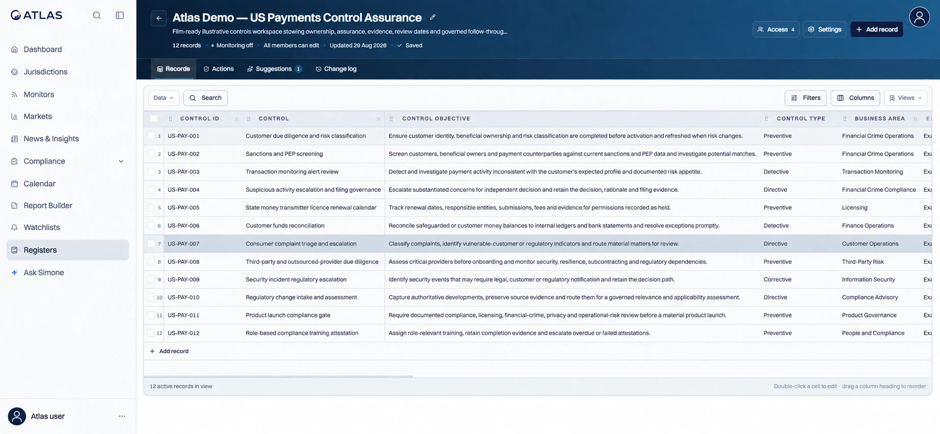 Atlas demo register containing twelve illustrative payments controls